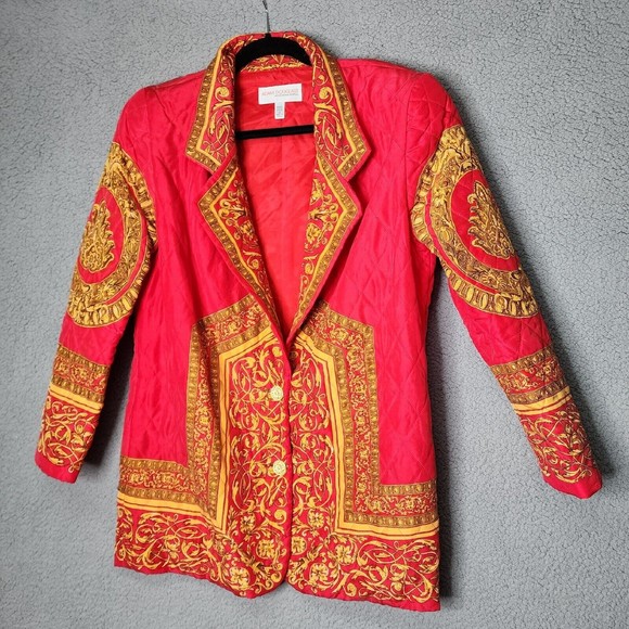 ADAM DOUGLASS Vintage Size 6 1990's Red Quilted Gold Baroque Silk Blazer Jacket - Picture 2 of 12